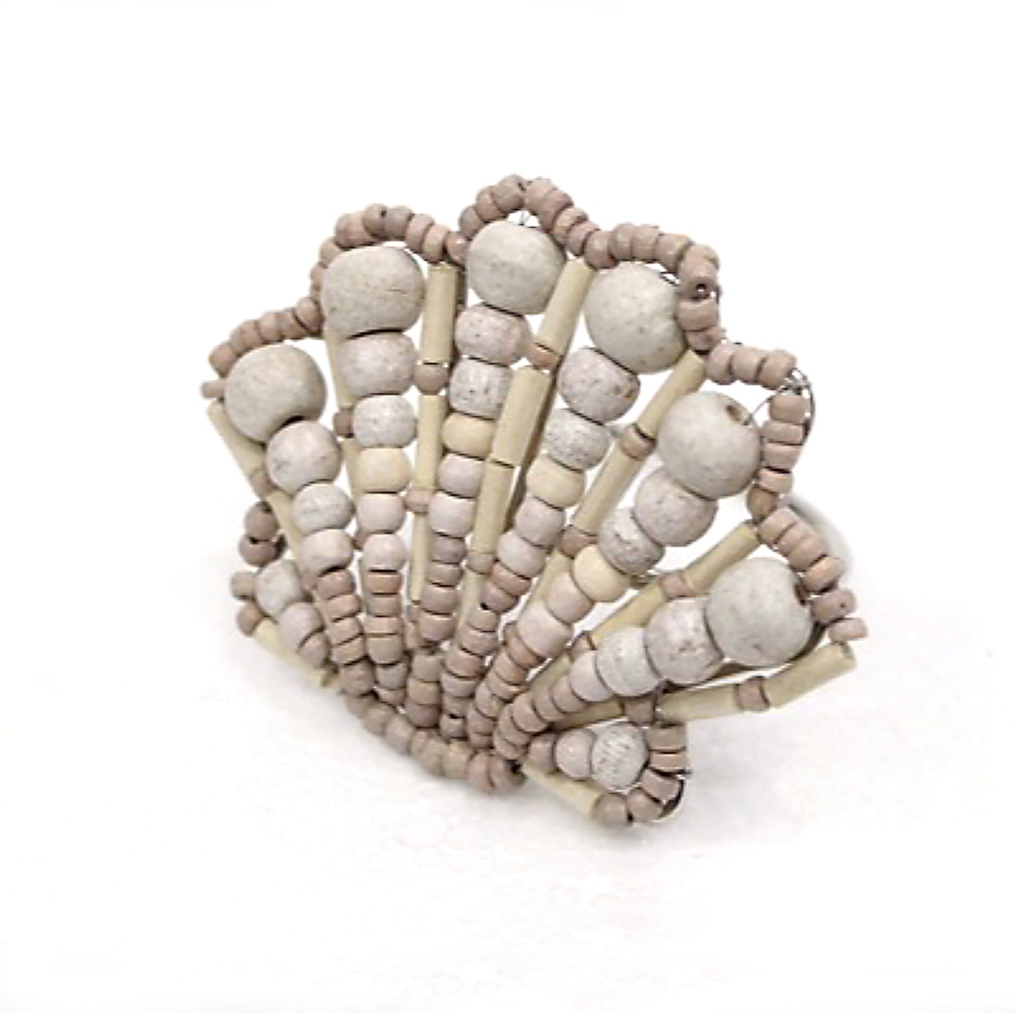Scallop shell shaped napkin ring crafted of natural wooden beads and metal wire side view.