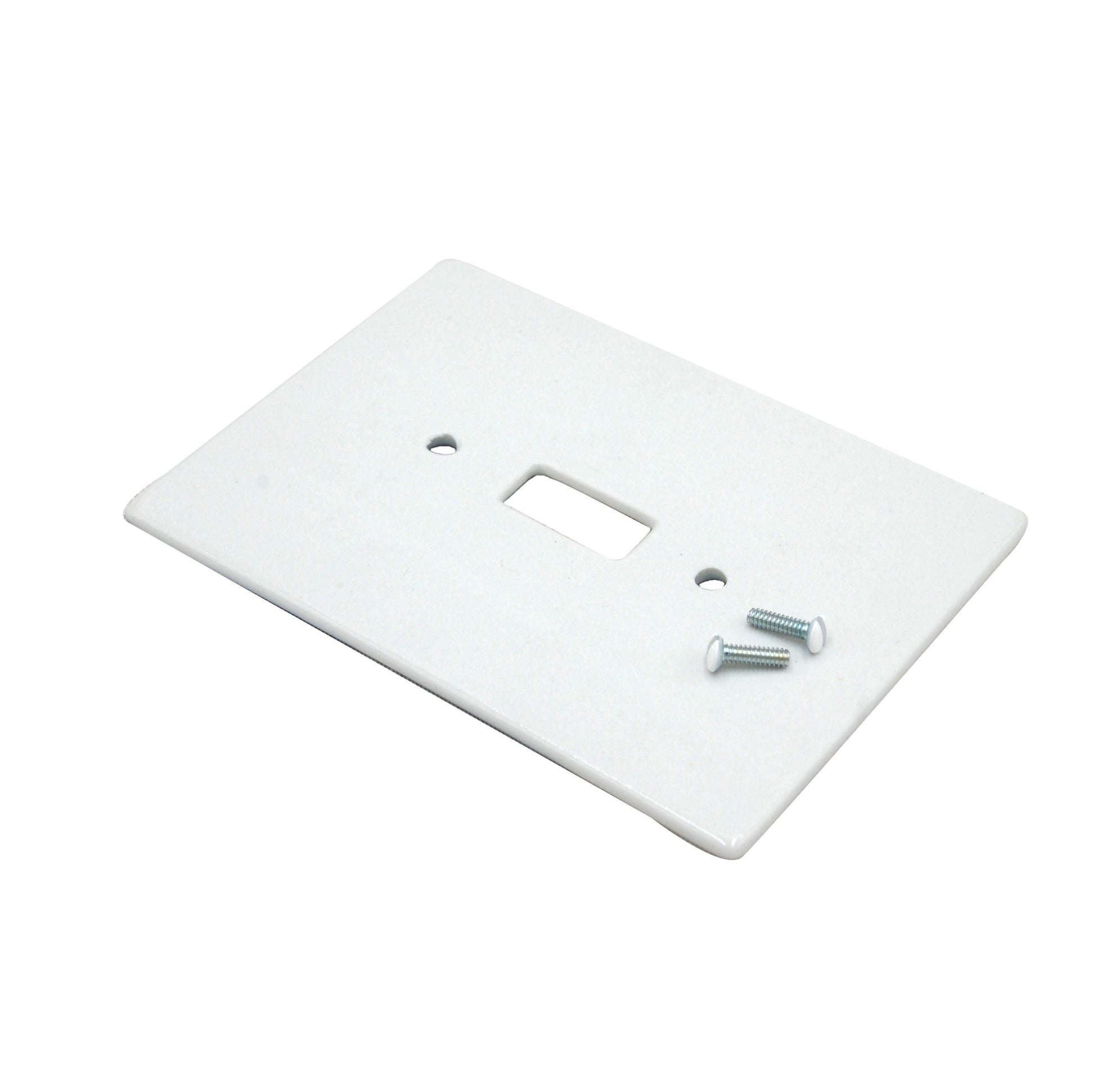 Plain single toggle switch plate with 2 white headed screws.