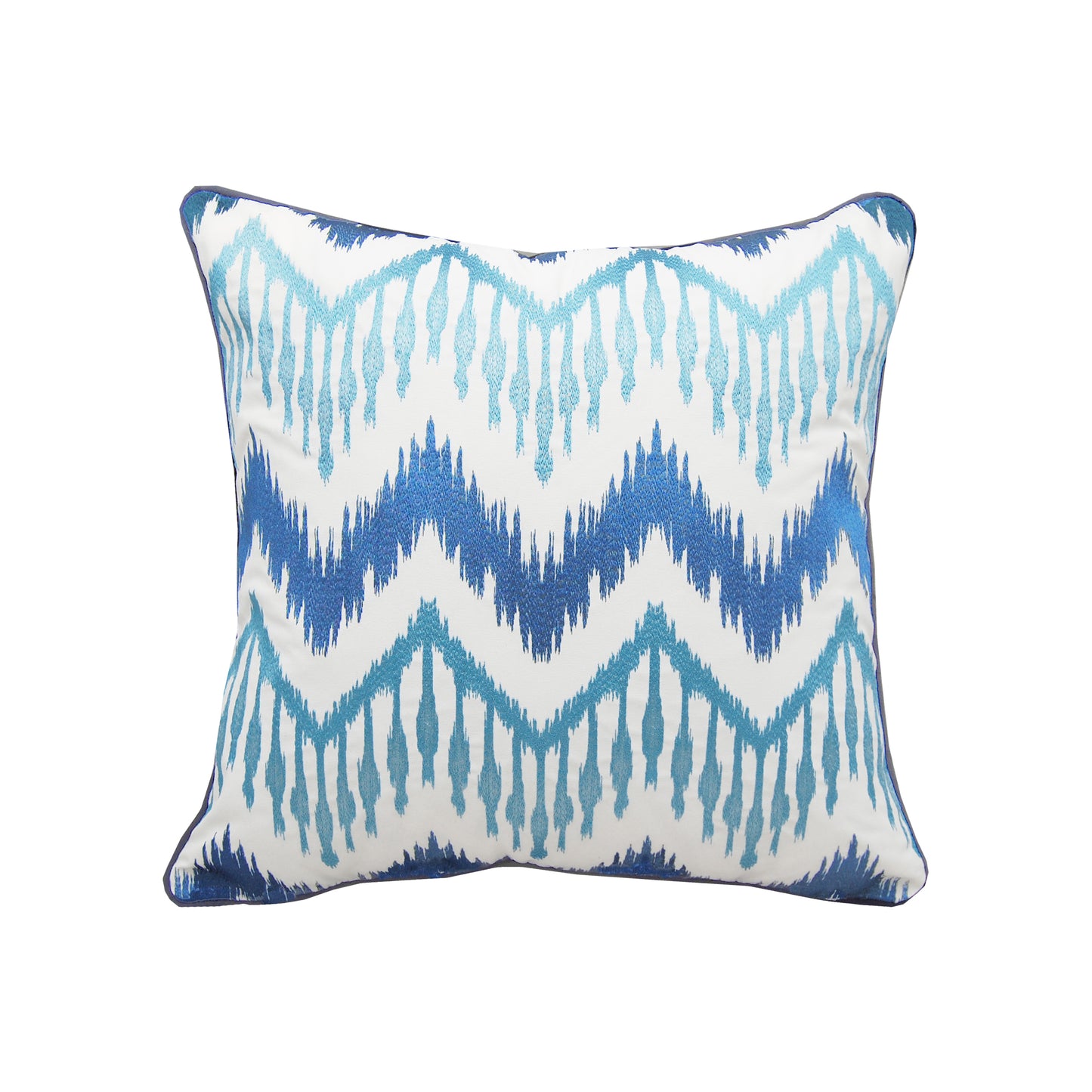 Ikat design in sea glass and denim embroidery on a white ground; blue piped edging.