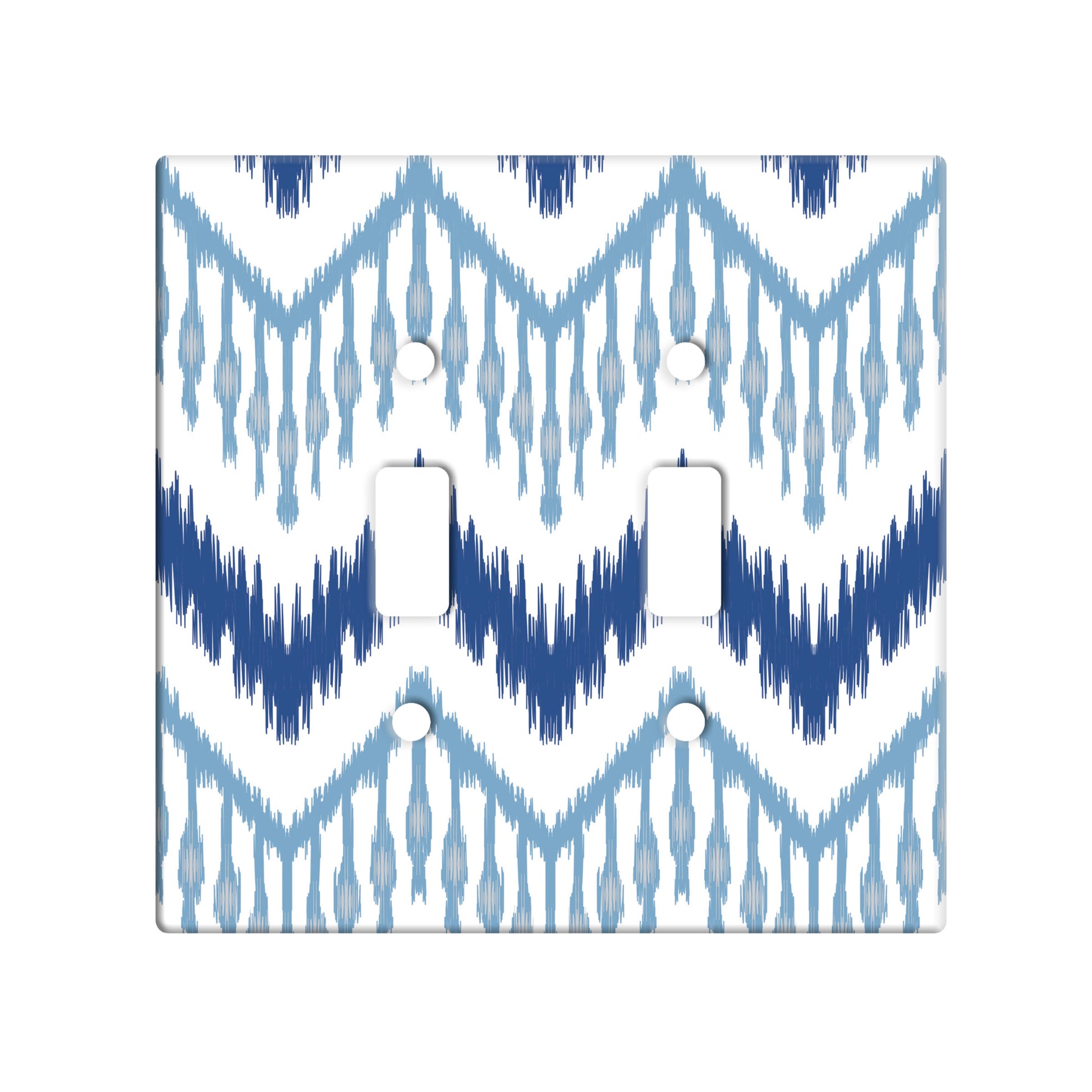 ceramic double toggle switchplate featuring ikat pattern in various shades of blue. 