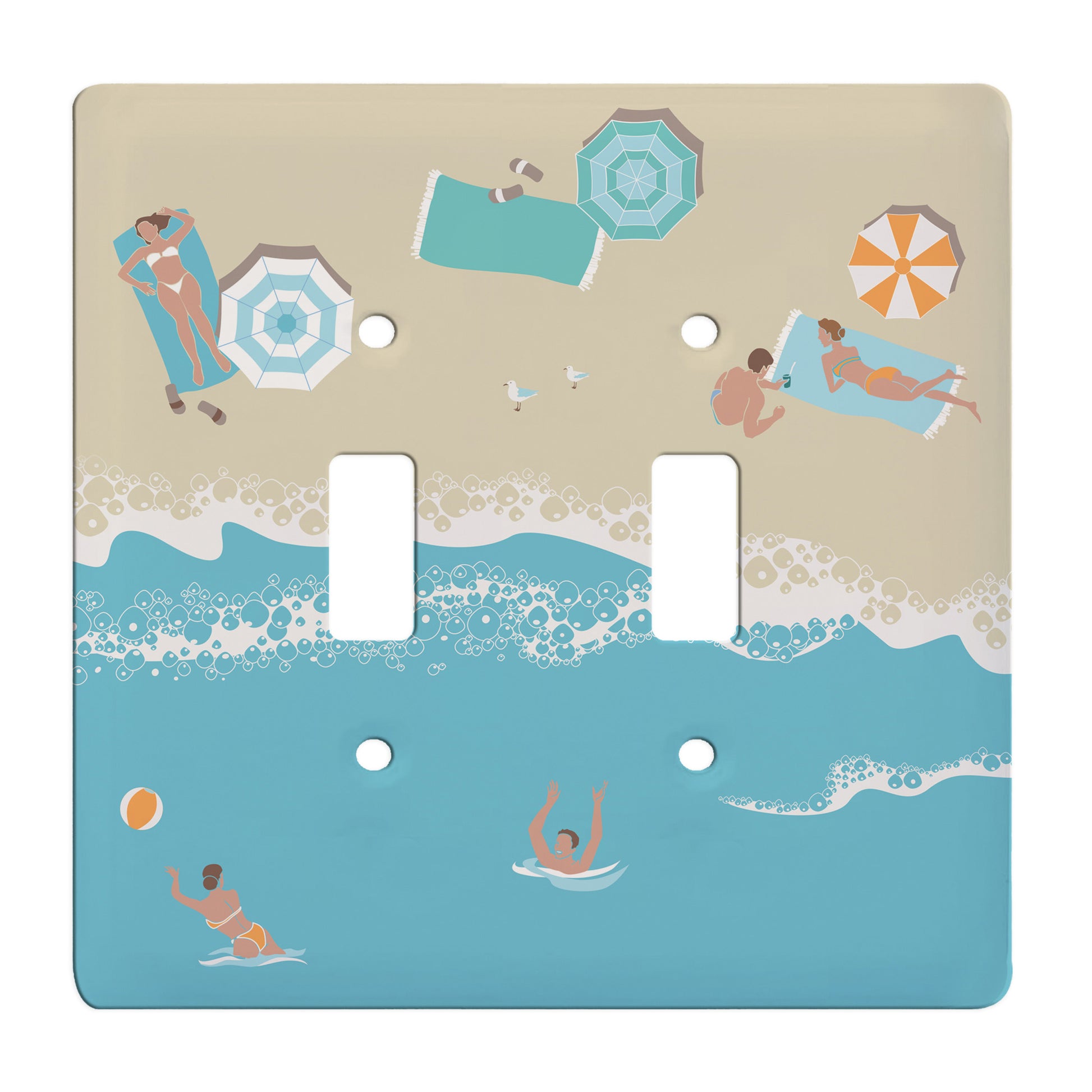 ceramic double toggle switchplate featuring print of beach goers resting on the sand under umbrellas as well as playing with a beach ball in the ocean. 