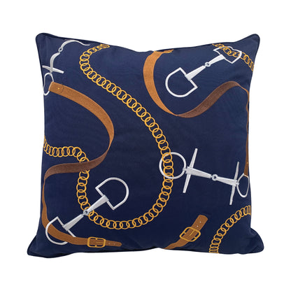 Navy ground pillow with embroidered equine bits & leather accessories.