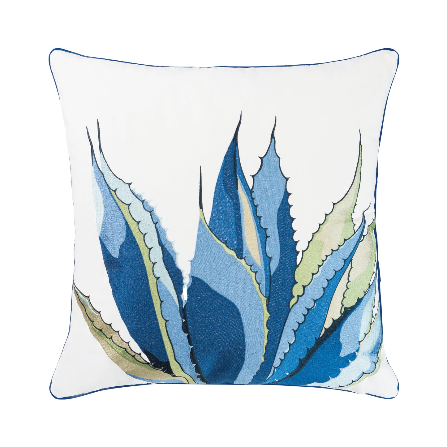Blue and green agave leaves embroidered on a white background. Pillow is finished with blue piped edging.
