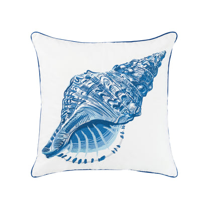 Blue sketch-like conch shell embroidered on a white ground outdoor pillow with blue edge piping.