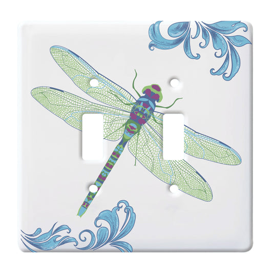 ceramic double toggle switchplate featuring print of blue dragonfly. 