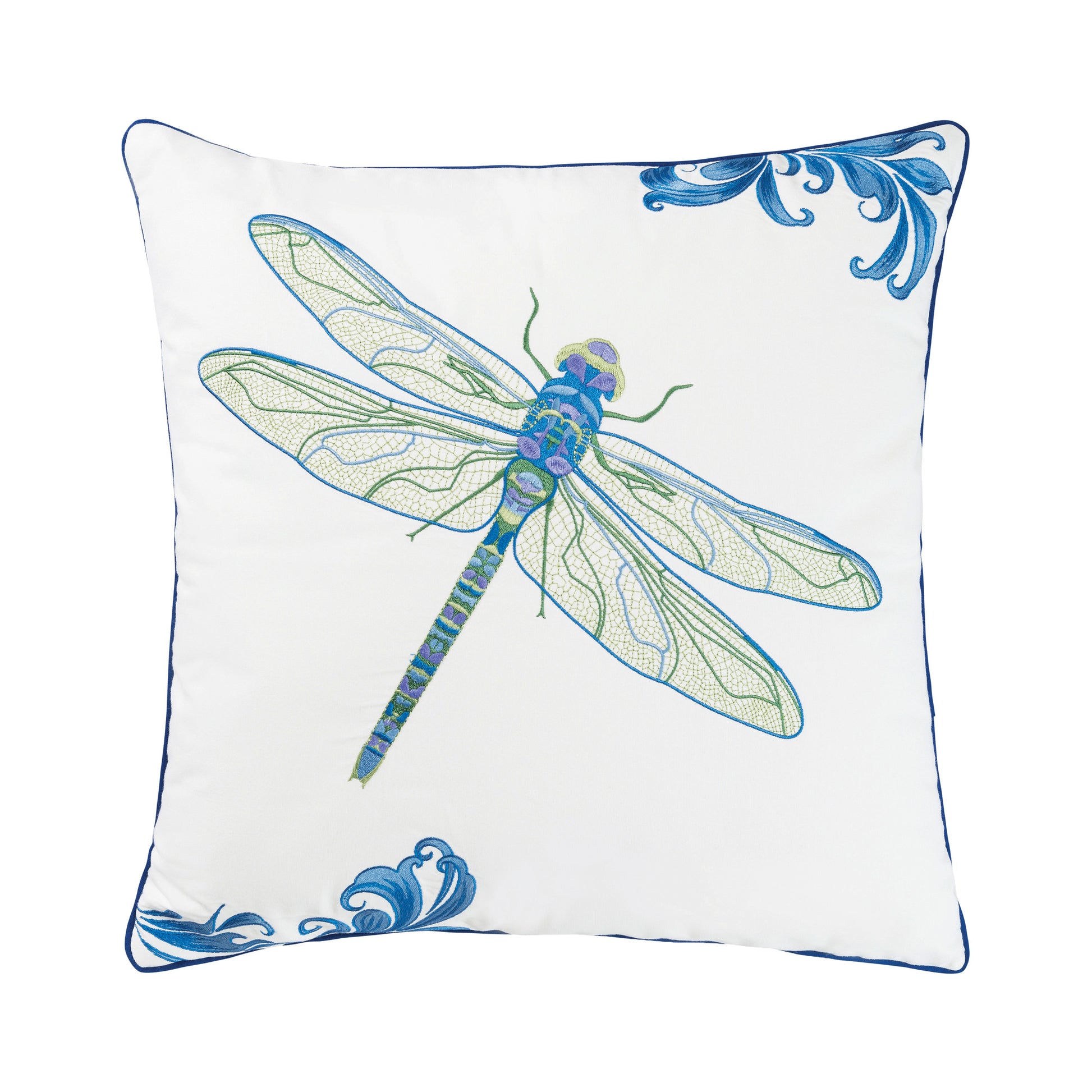 Embroidered blue, purple, and green dragonfly on a white ground outdoor pillow. Blue scroll accents in top right & bottom left corner and blue piped edges.