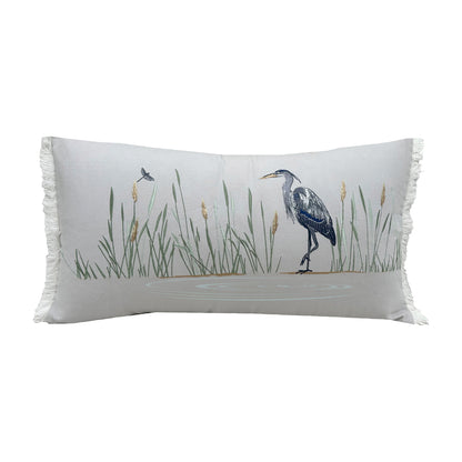 Great Blue Heron walking amongst the marsh and cattails; embroidered on a gray background. Finished with fringe edges.