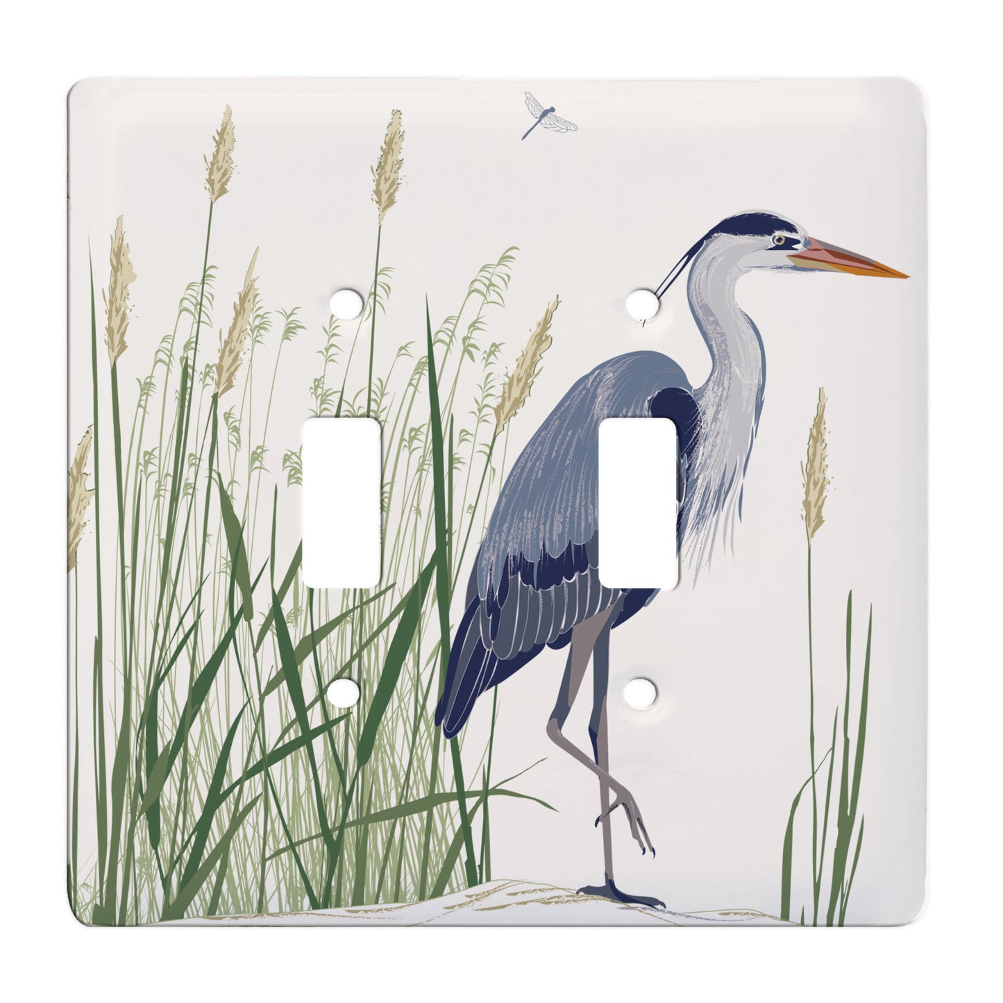 ceramic double toggle switchplate featuring a blue heron standing among grassy reeds. 