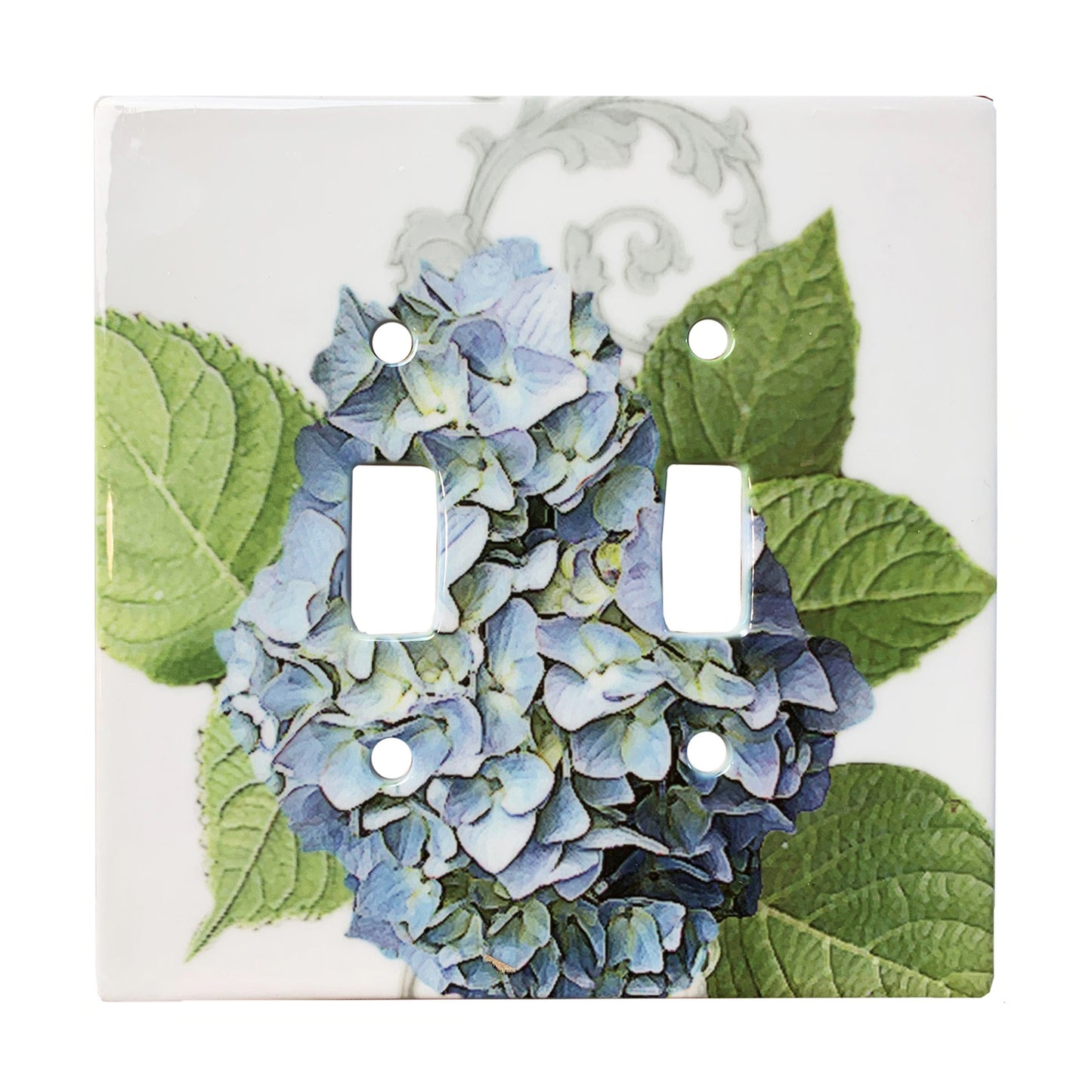 ceramic double toggle switchplate featuring blue hydrangeas.
