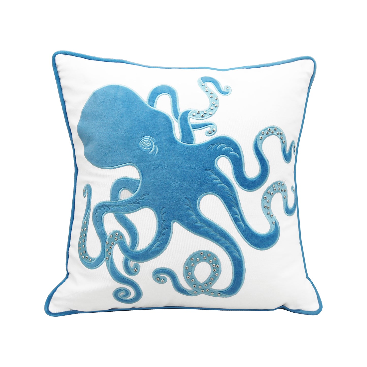 Blue velvet octopus embroidered on a white ground outdoor pillow with silver beaded accents and blue piped edging..