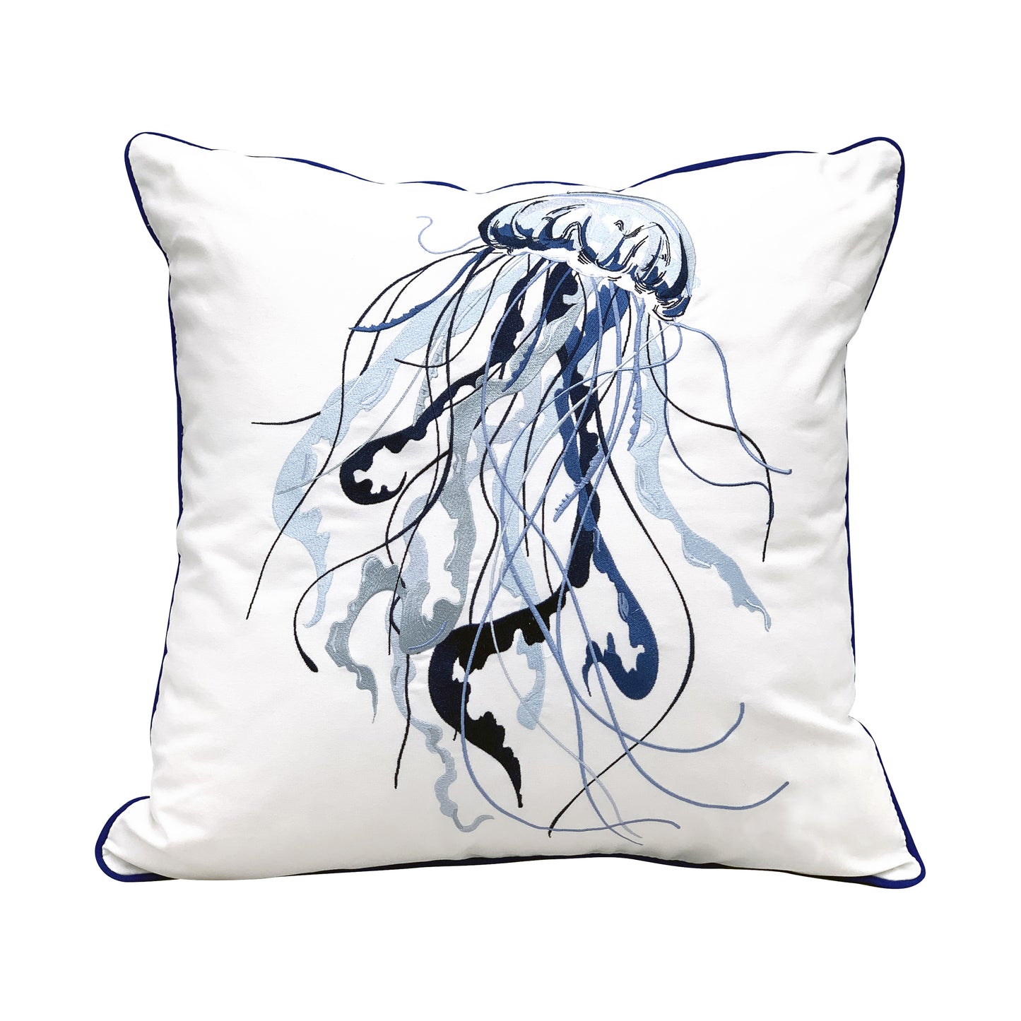 Navy, light blue, and gray jellyfish embroidered on a white ground pillow with navy edged piping.