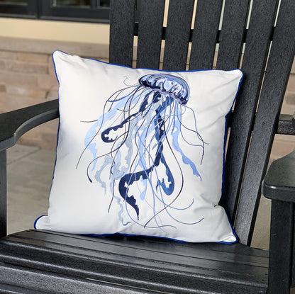 Blue Jellyfish outdoor pillow styled on an Adirondack chain.