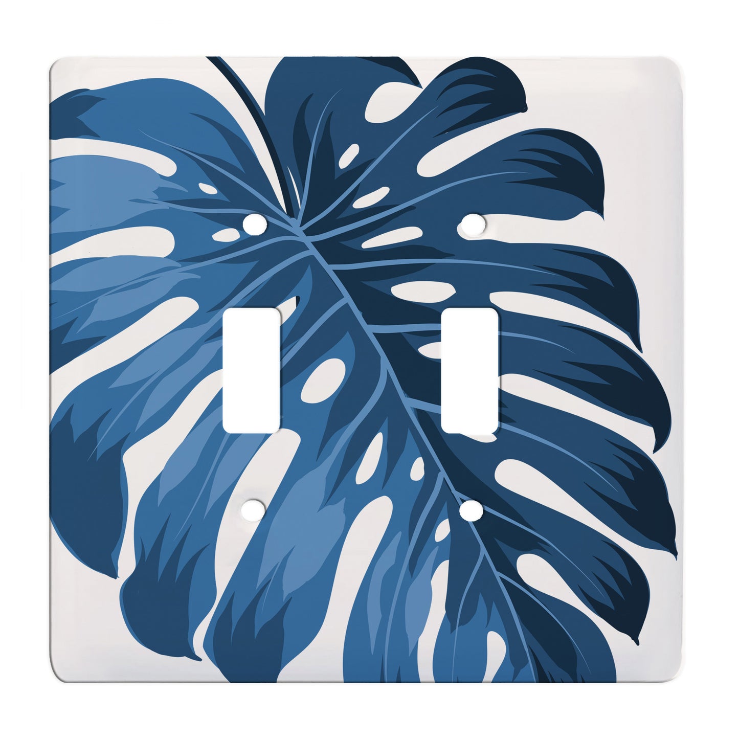 ceramic double toggle switch plate featuring blue monstera leaf.