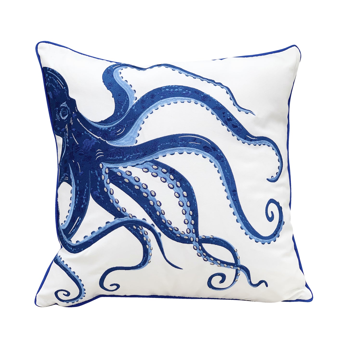 Embroidered blue octopus on a white ground outdoor pillow with blue piped edging.