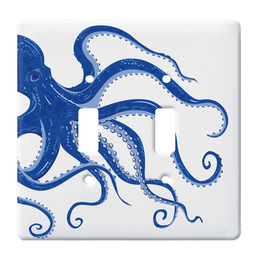 ceramic double toggle switch plate featuring blue octopus. 