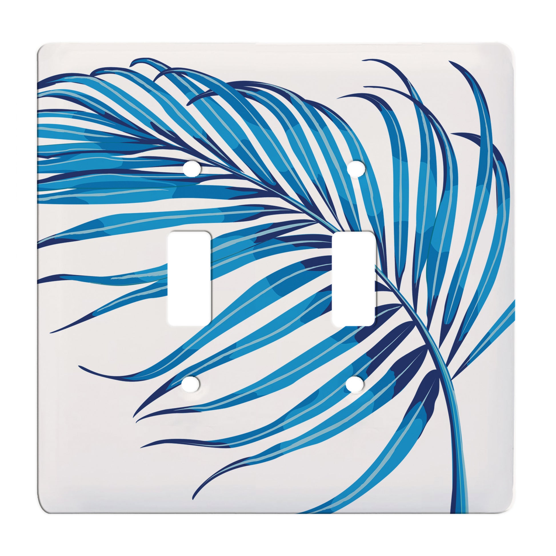ceramic double toggle switch plate featuring a blue palm leaf.