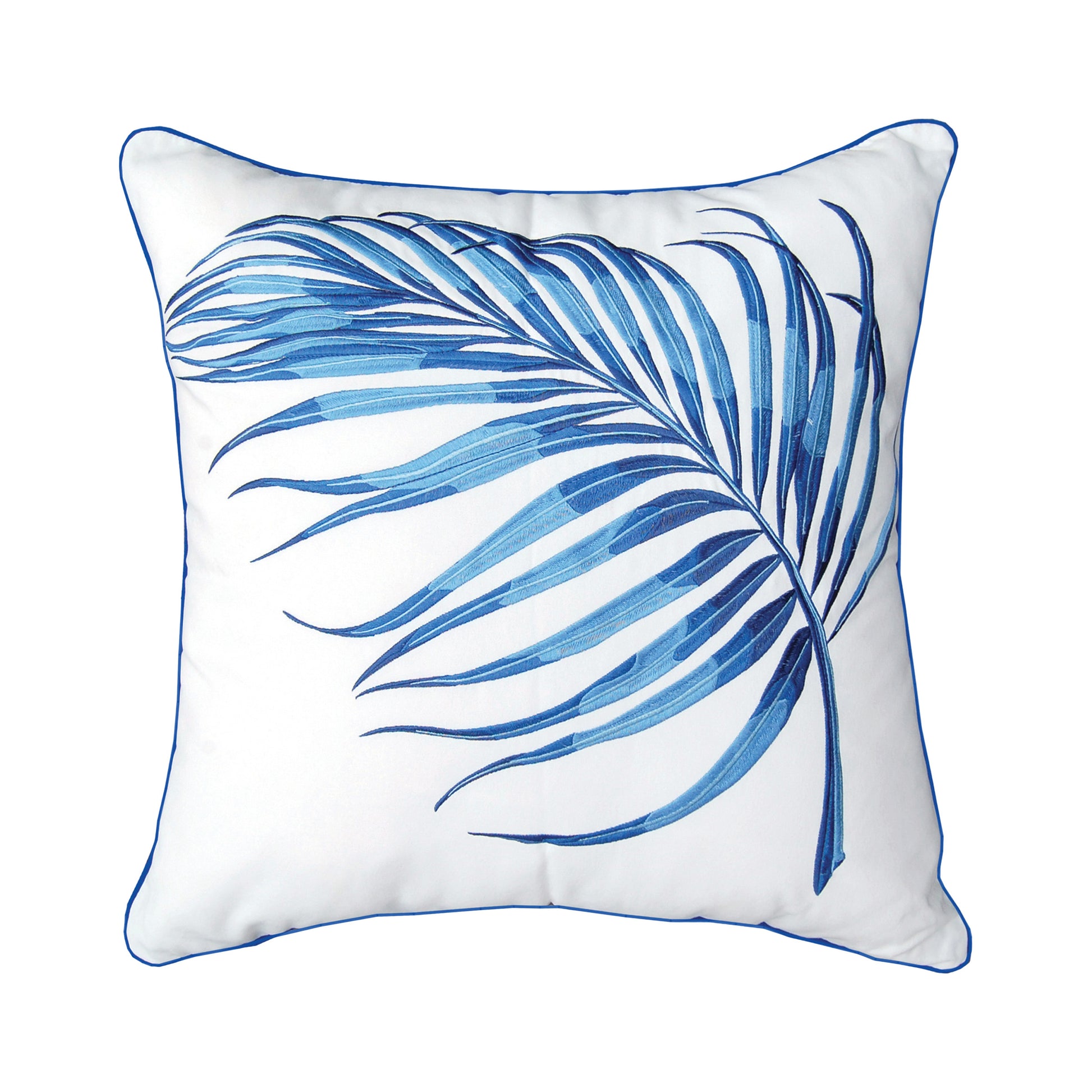A large blue parlor palm embroidered on a white ground outdoor pillow with blue piped edging.