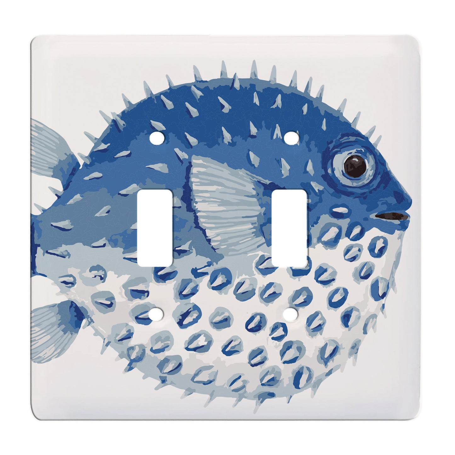 ceramic double toggle switch plate featuring a blue puffer fish facing right. 