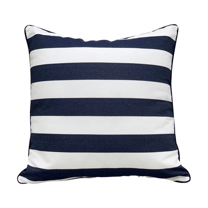 Navy and white striped back of the Blue Stripe Compass Rose Indoor Outdoor pillow.