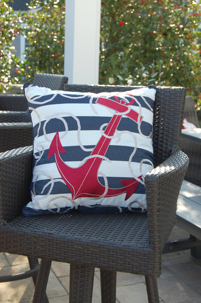 Blue Stripe Red Anchor styled on an outdoor rocker.