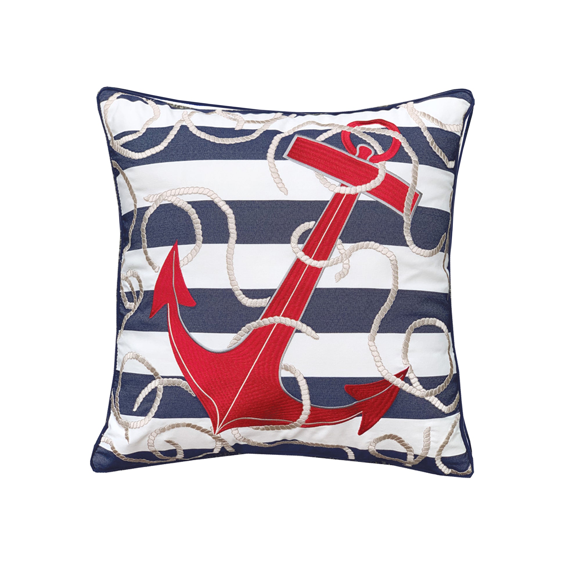 Red anchor tangled in white rope embroidered on a printed blue and white pillow with blue piped edging.