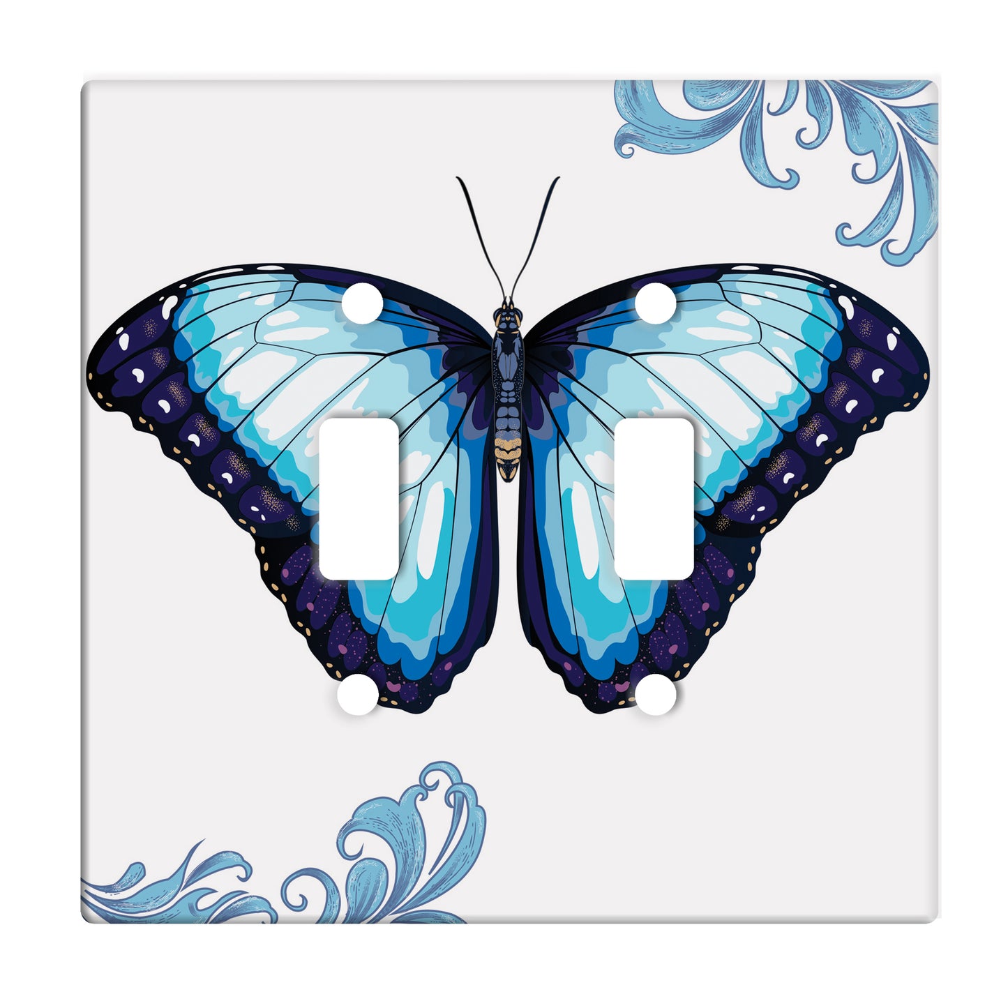 ceramic double toggle switch plate featuring a blue butterfly and decorative swirling blue accents. 