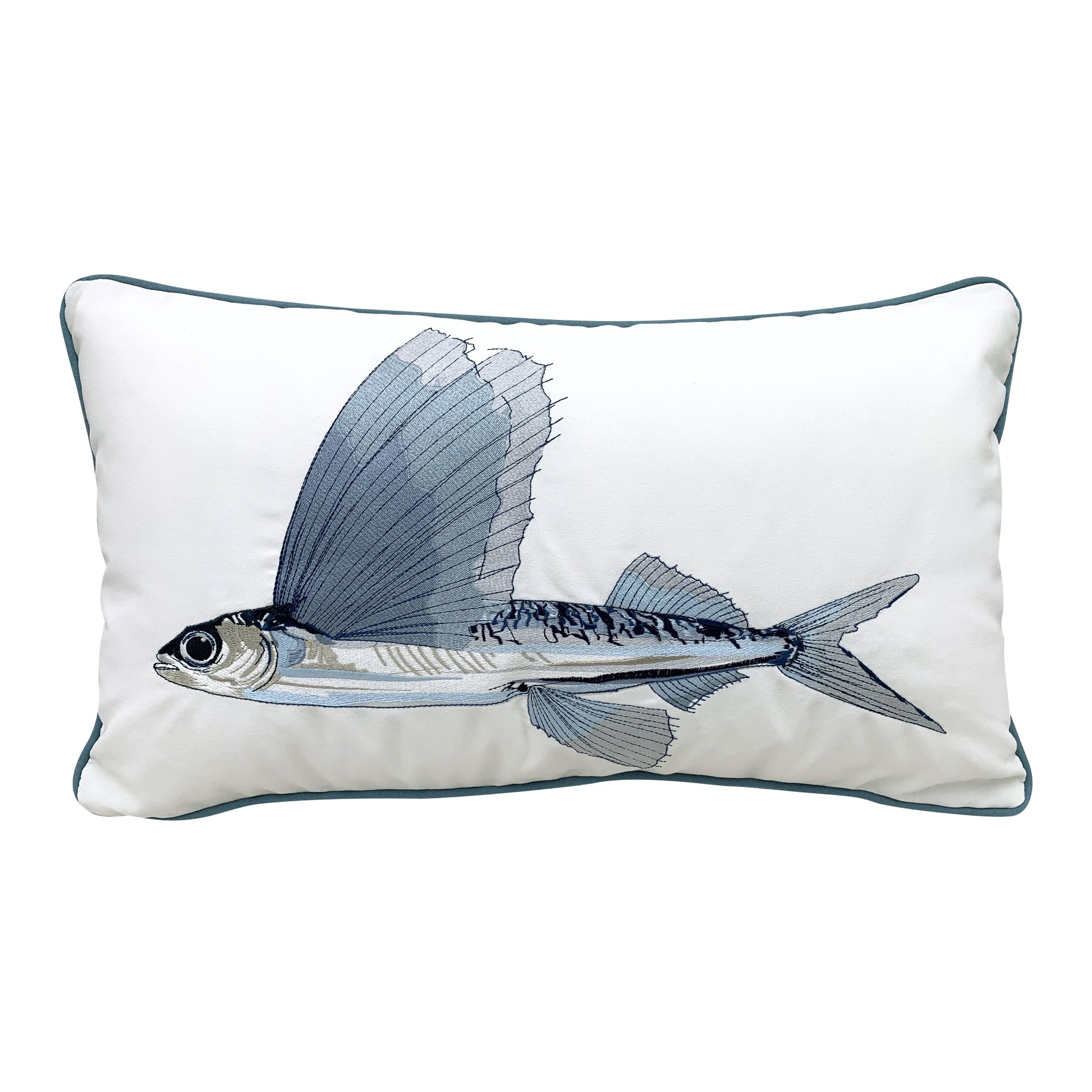 Flier fish embroidered on a white background pillow with a blue/grey piped edging. 