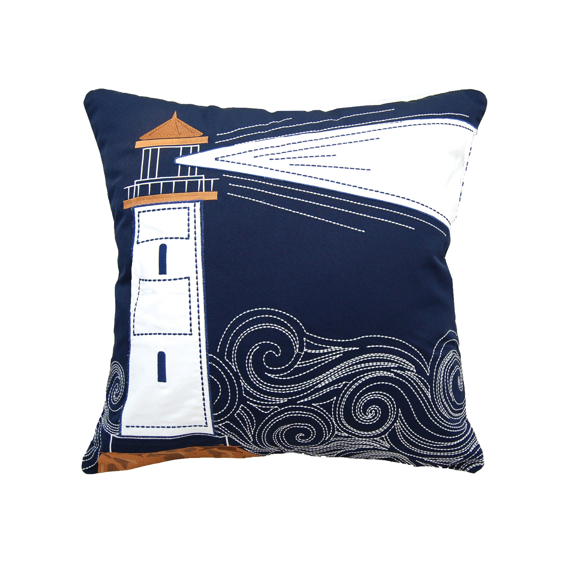White and tan applique lighthouse embroidered on a blue background surrounded by swirling waves.