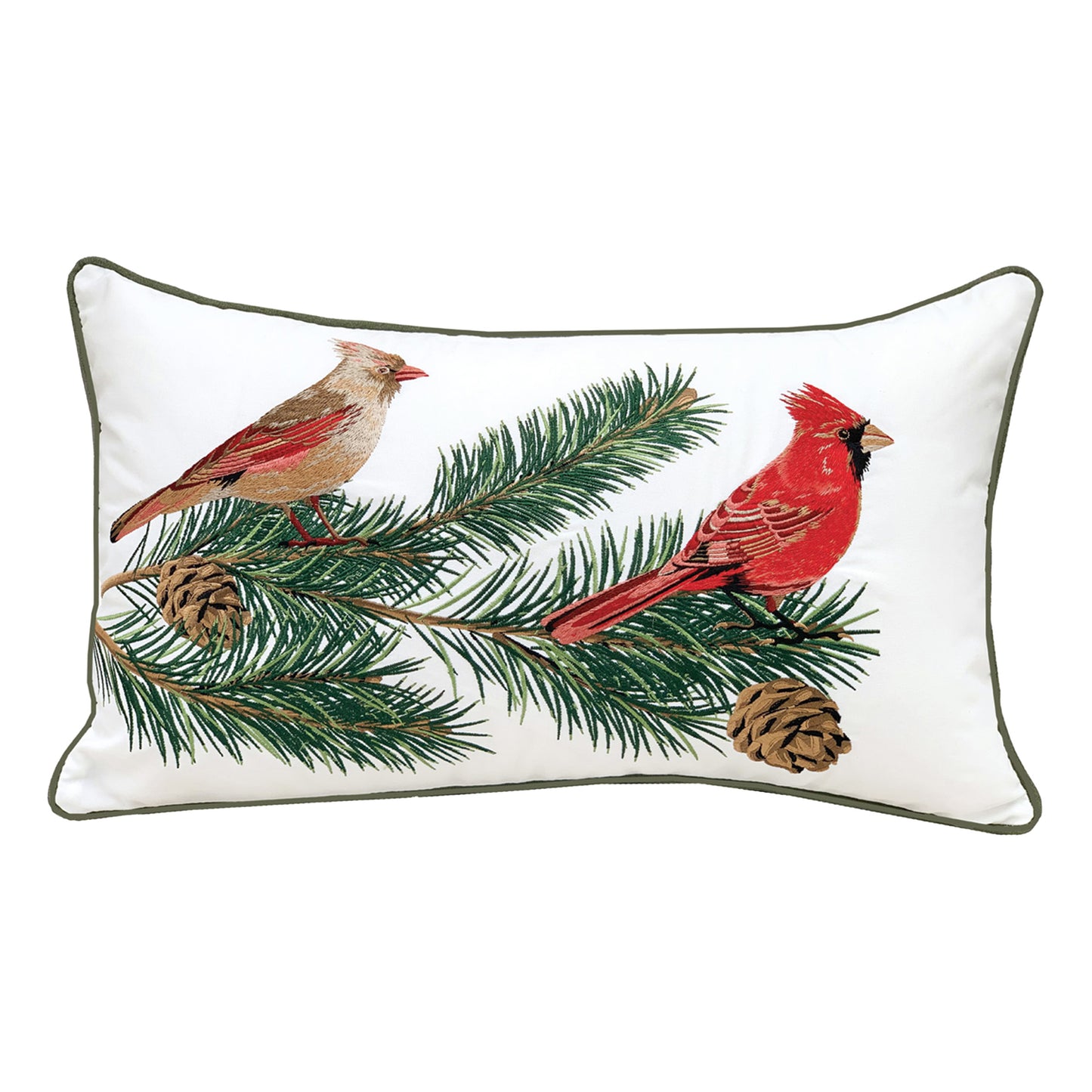 Male and female cardinals sitting upon a pine branch; embroidered on a white background with green piped edging.