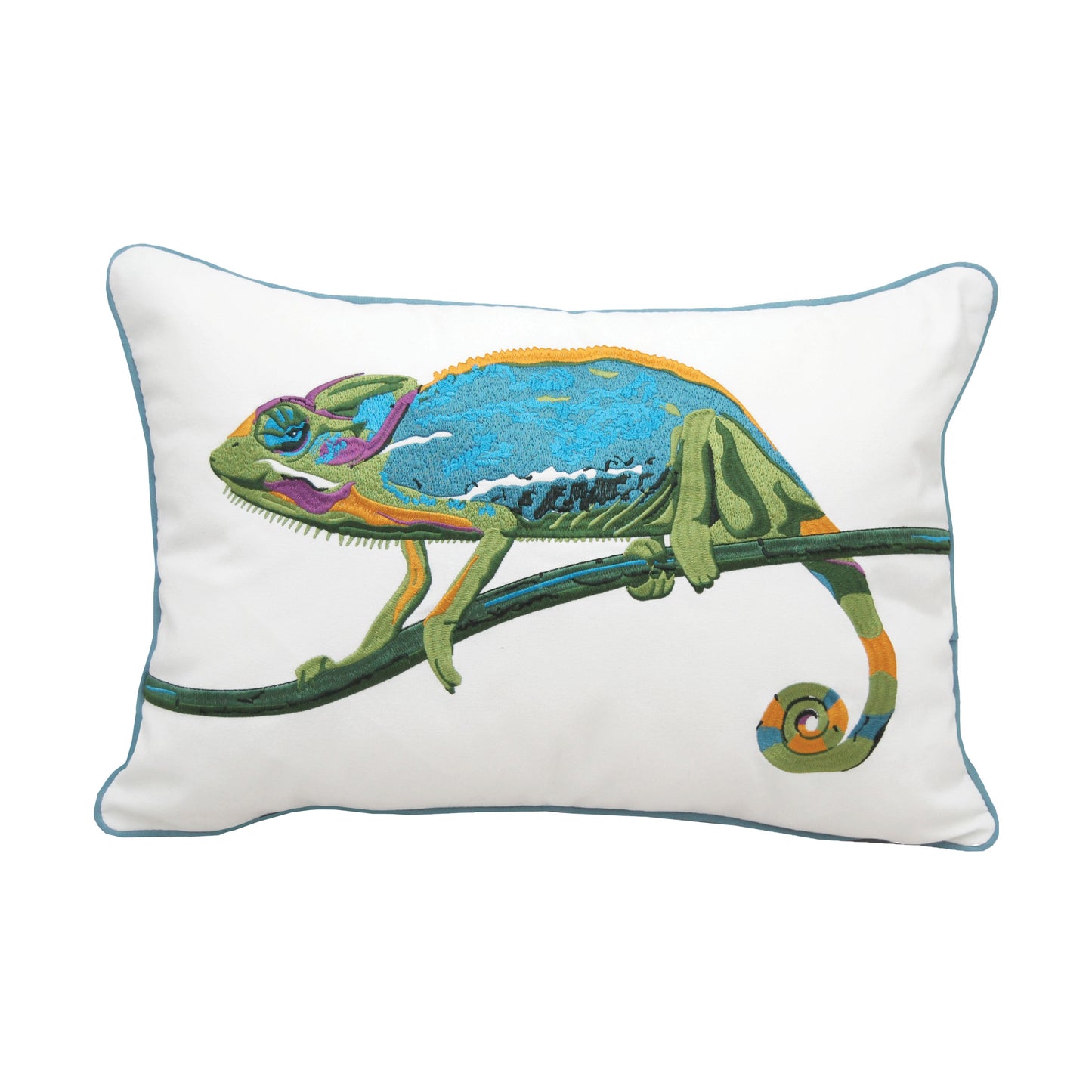 Multicolored chameleon walking a branch, embroidered on a white background with blue piped edging.