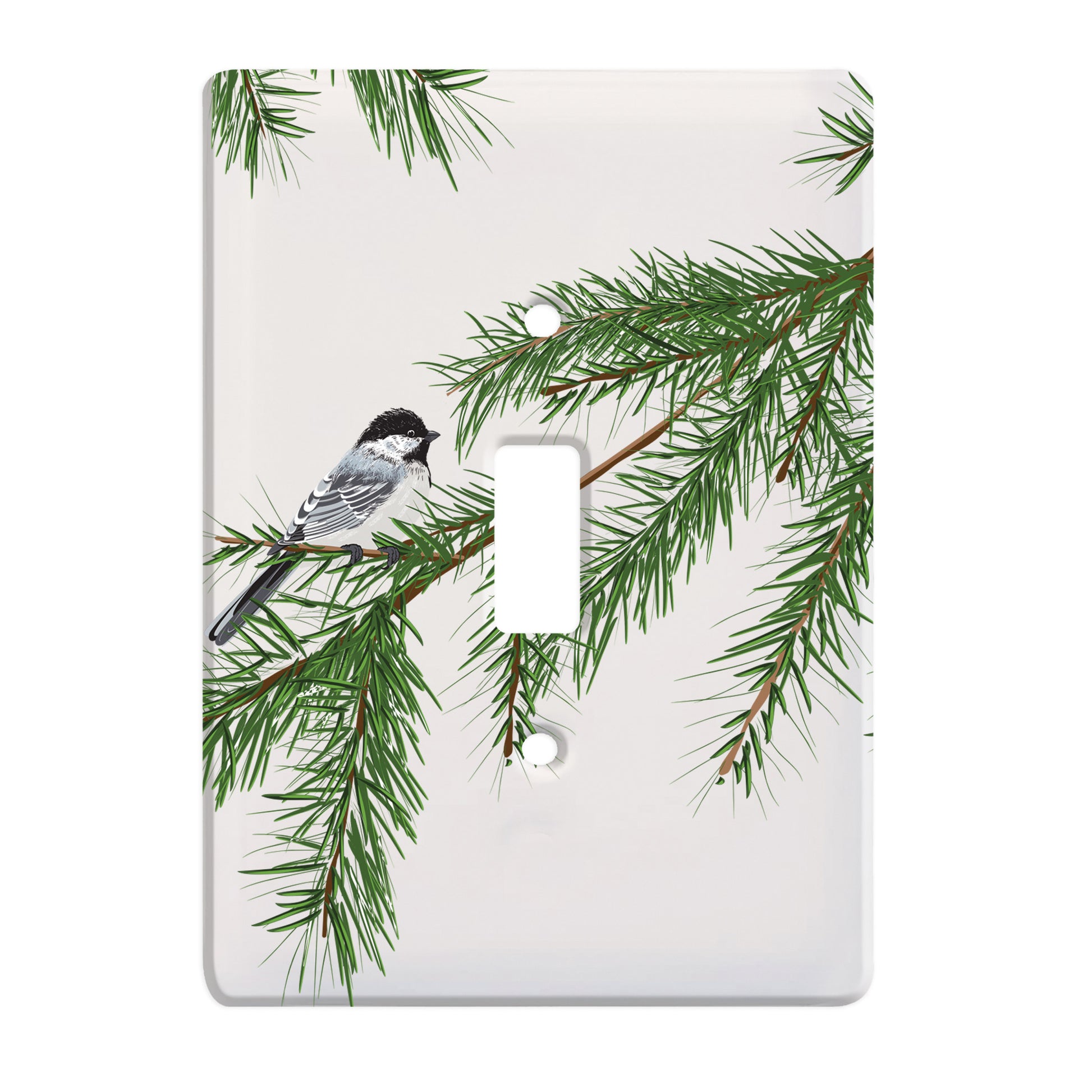 ceramic single toggle switch plate featuring chickadee bird sitting upon a pine tree branch.