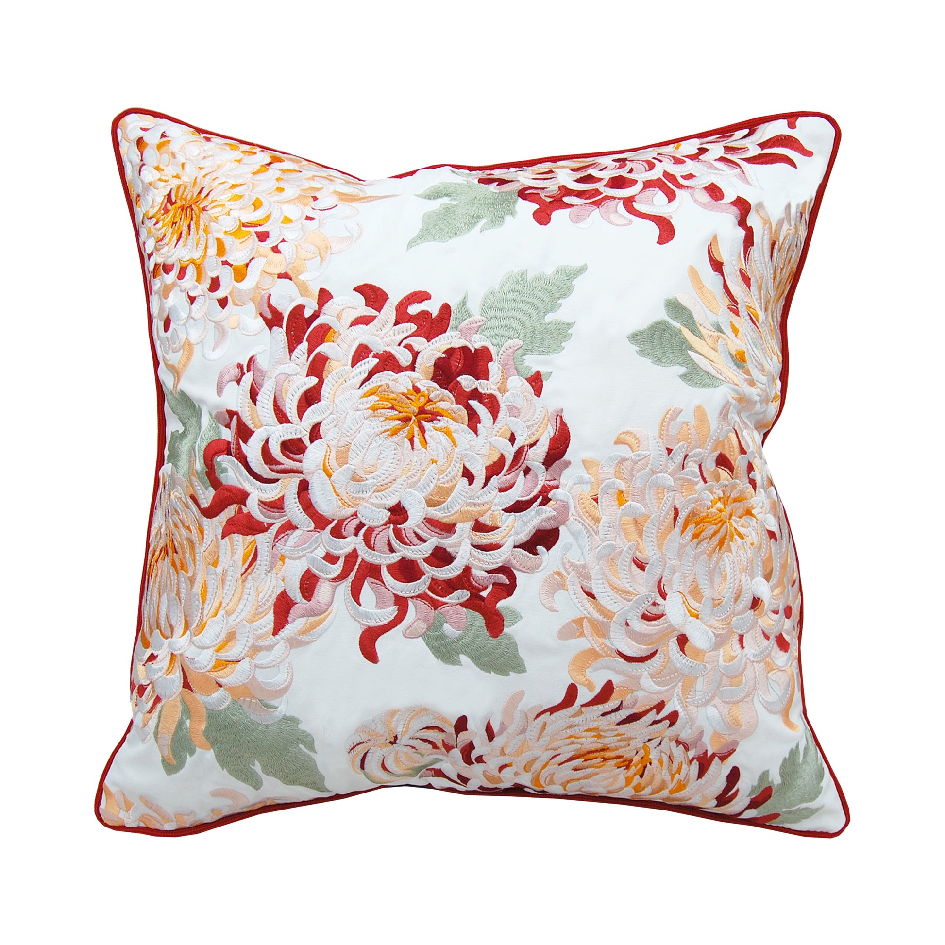 A bundle of chrysanthemum buds embroidered in red, pink, and gold on a white background with red piped edging.
