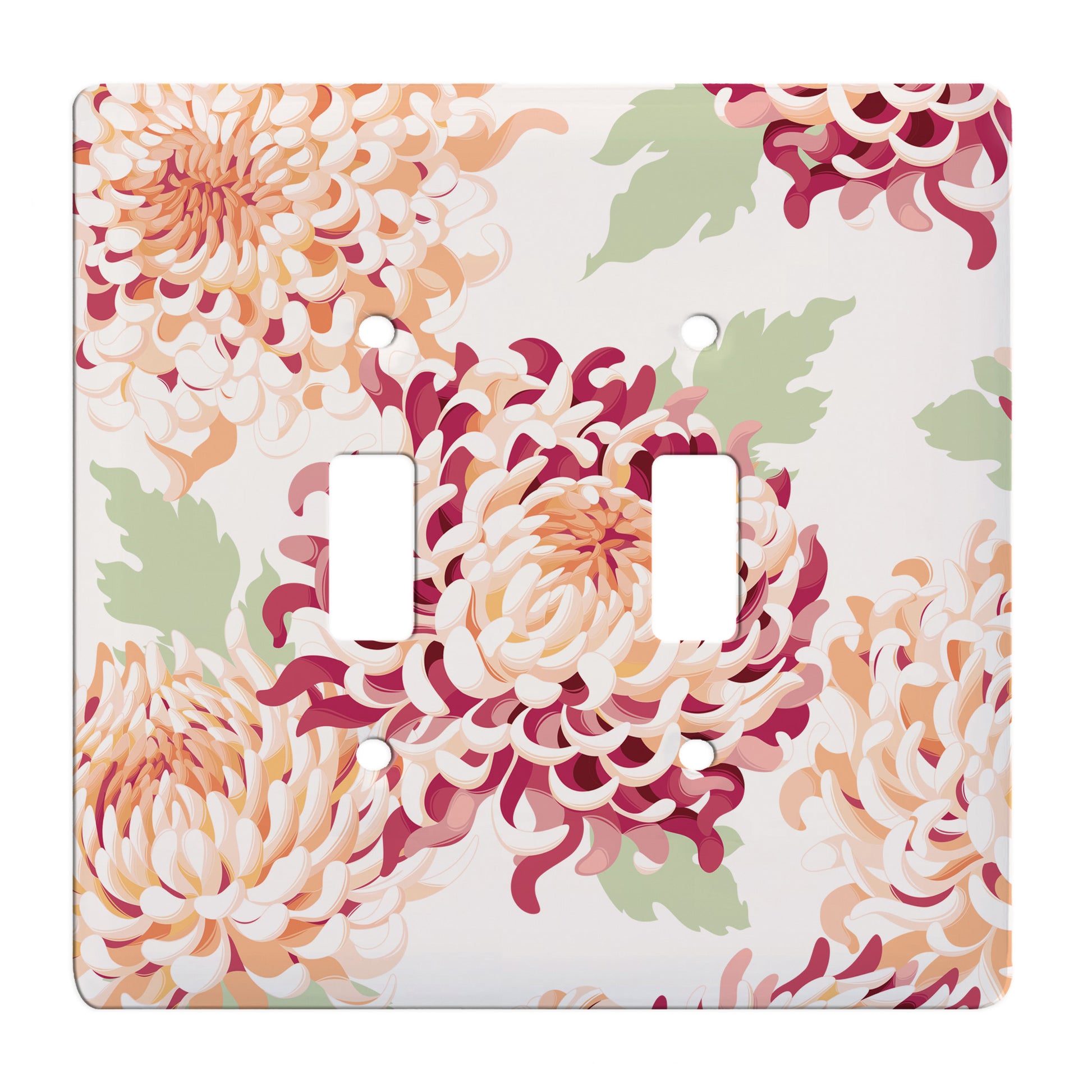 ceramic double toggle switch plate featuring illustrative collage of pink and orange chrysanthemum flowers.