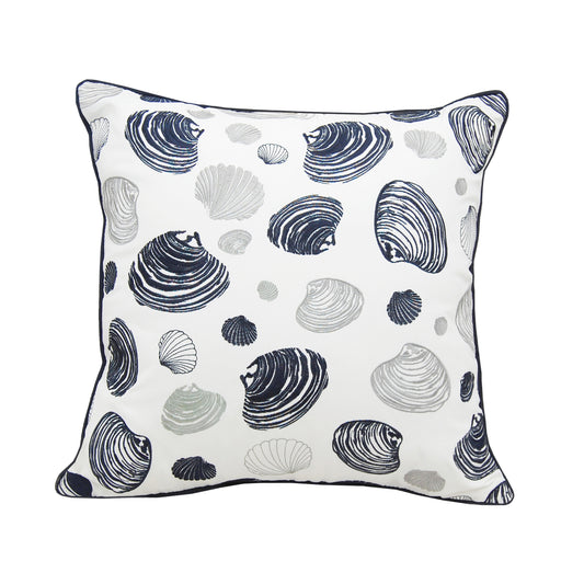 Navy blue and gray clam shells embroidered on a white background with navy blue piped edging.