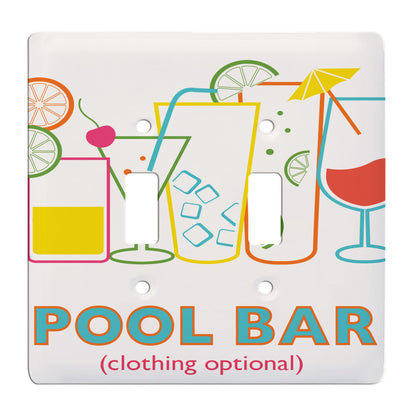 ceramic double toggle switch plate featuring print of various colorful drinking vessels with embellishments and text that reads "pool bar, clothing optional".