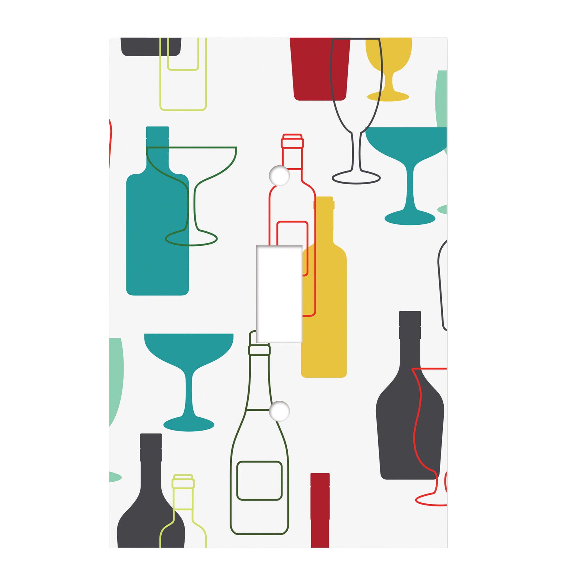 ceramic single toggle switch plate featuring color collage of wine bottles, liquor bottles, martini glasses and wine glasses.