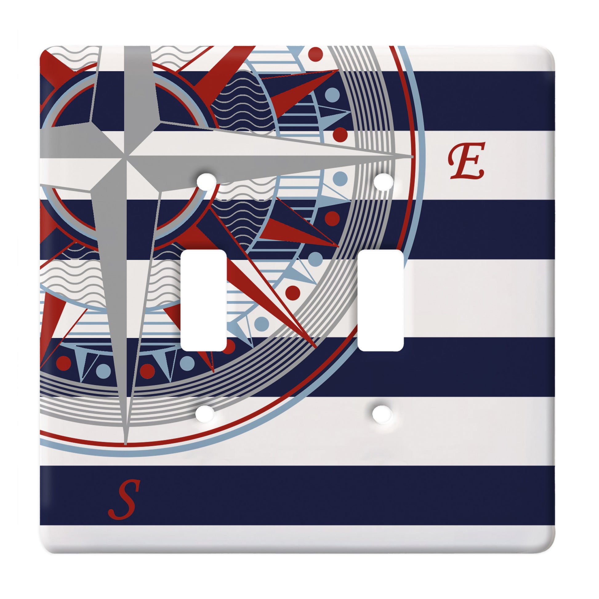 ceramic double toggle switch plate featuring navy and white stripes behind a nautical compass graphic.