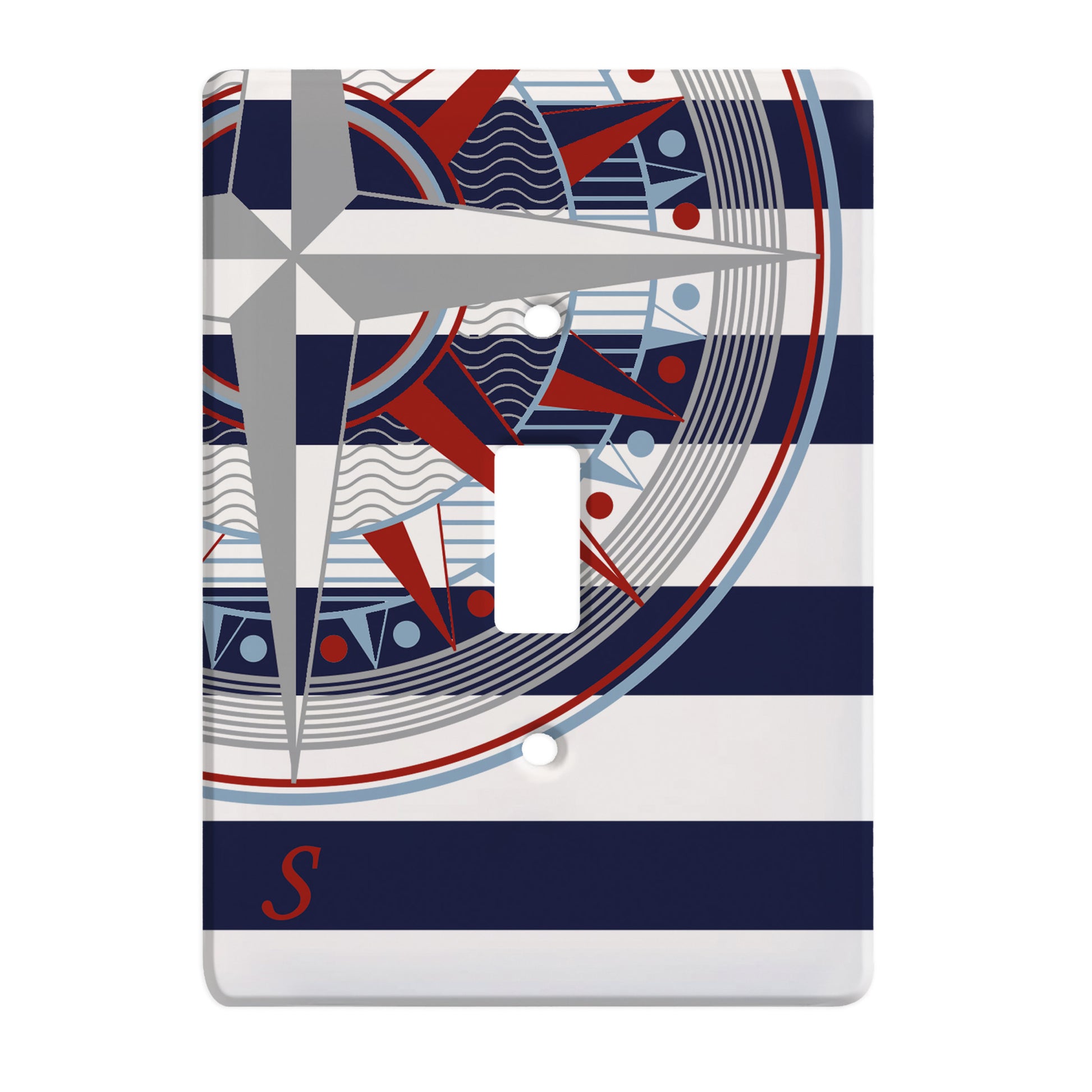 ceramic single toggle switch plate featuring navy and white stripes behind a nautical compass graphic.