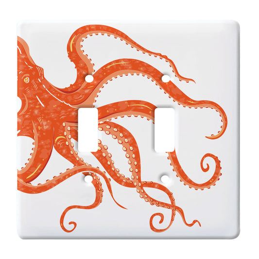 ceramic double toggle switch plate featuring an orange octopus.