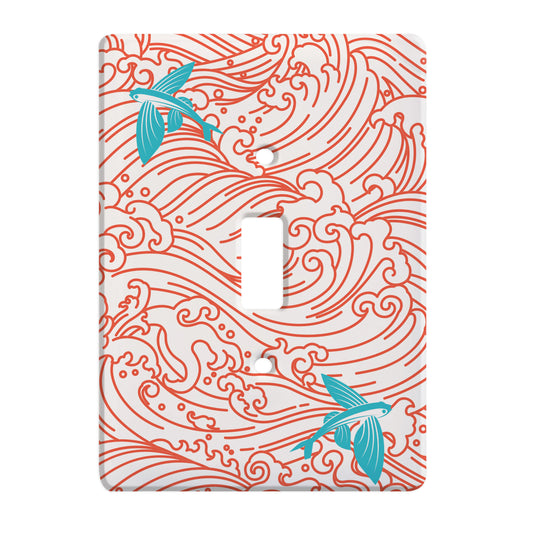 ceramic single toggle switch plate featuring coral waves and blue fish. 