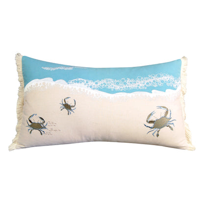 Three embroidered crabs walking toward the shoreline; beige sand, blue sea and fringe edges.