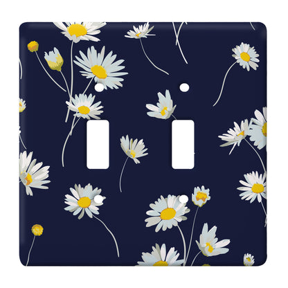 navy blue ceramic double toggle switch plate featuring white daisies. 