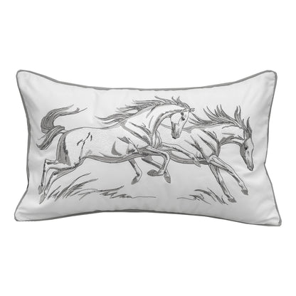 Two horses running through a field. Embroidered on a white background with gray piped edges.