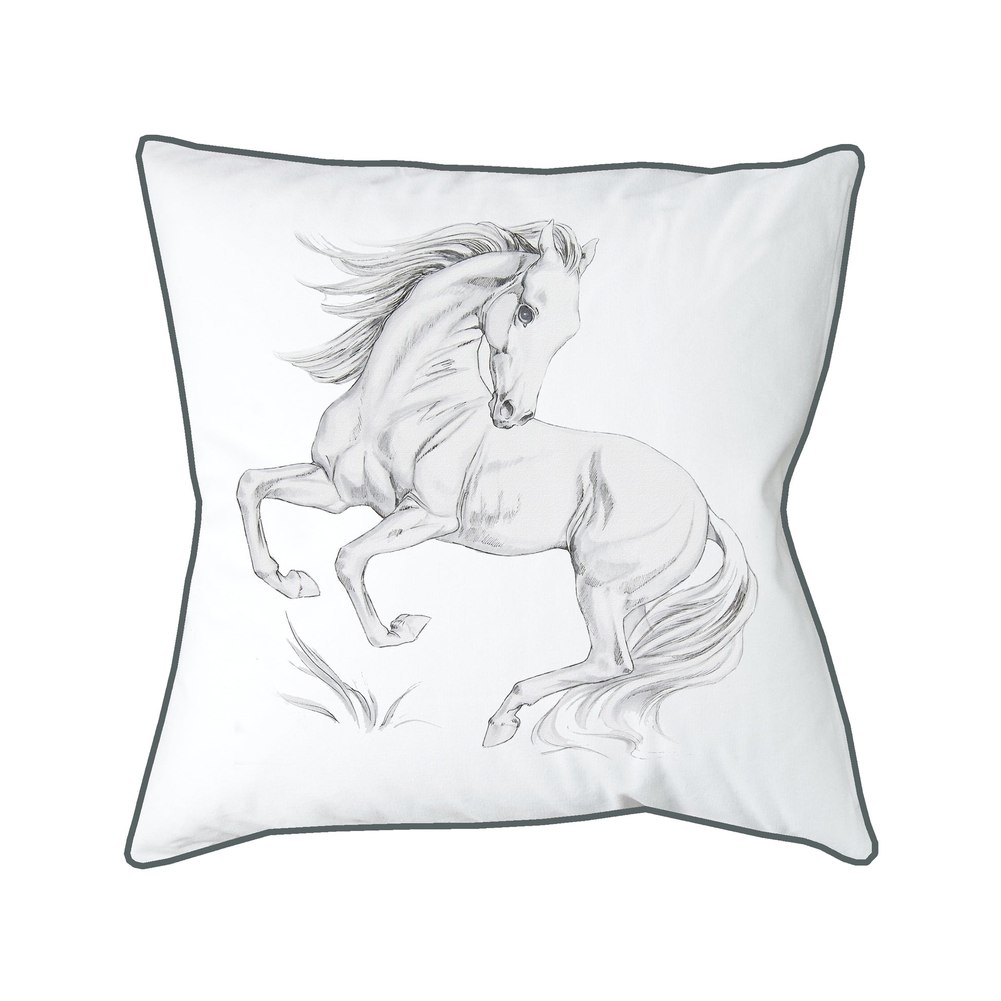 A rearing horse embroidered on a white background, finished with gray piped edges.