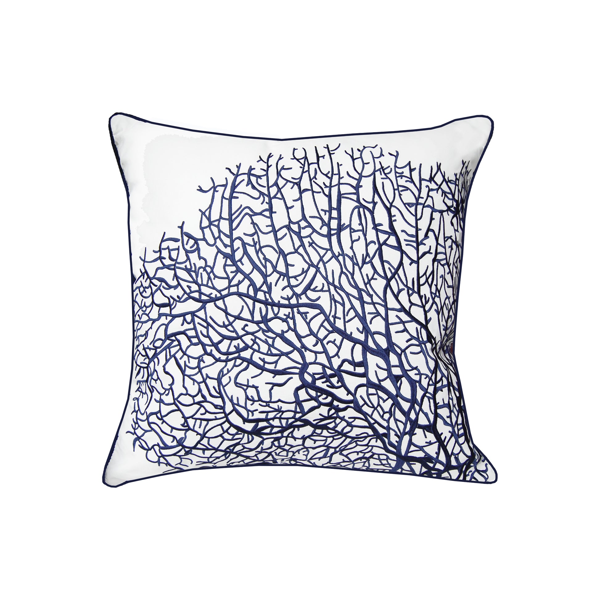 Navy blue sea fan coral embroidered on a white background. The pillow is finished with navy blue piped edging.