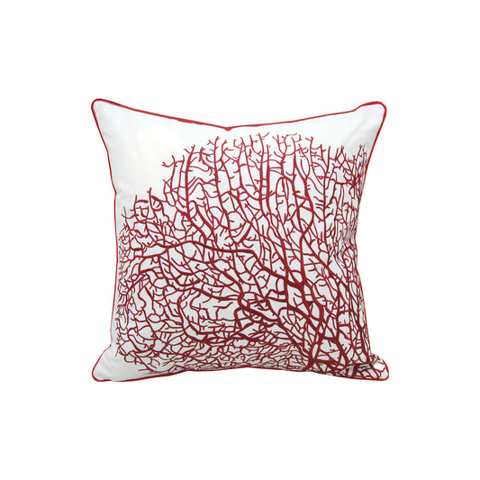 Red sea fan coral embroidered on a white background. The pillow is finished with red piped edges.