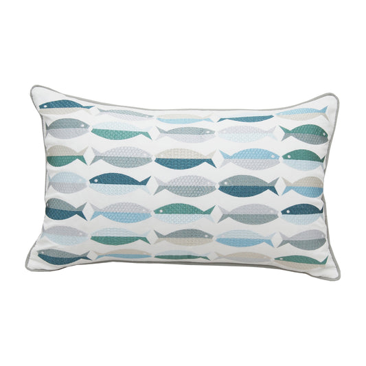 A pattern of fish ranging in soft hues of blue, green, and grays embroidered on a white background. The pillow is finished with gray piped edges.