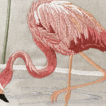 Detail shot of the Flamboyant Flamingo Fringed Lumbar Pillow embroidery.