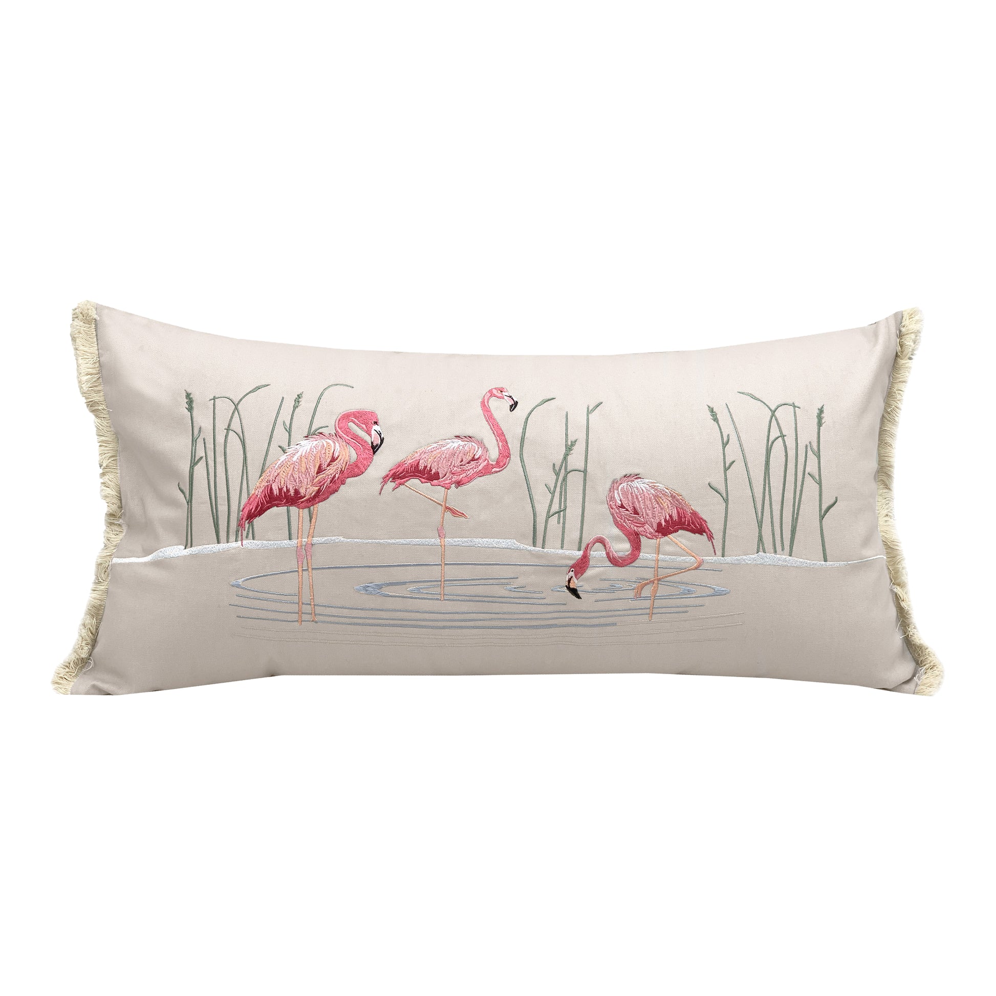 Three pink flamingos standing in a pool of water. Pillow is finished with fringed edges.