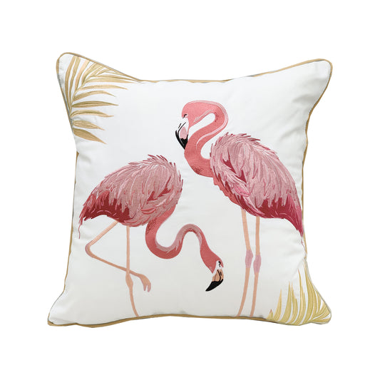 Two pink flamingos flanked by a gold palm leave on the top left and bottom right corners. 